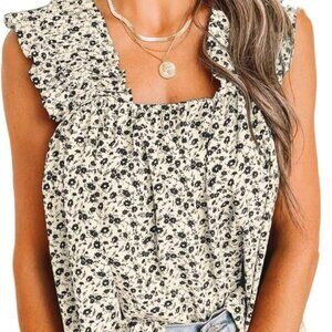 Boho Floral Tank Tops for Women, Shirred Straps Pleated Summer Casual Sleeveless